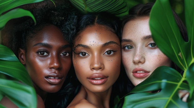 Photo diverse trio of women amidst green foliage