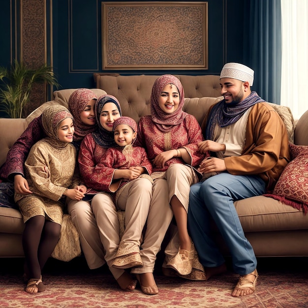 A diverse and unique Muslim family beaming with joy gathered AI_Generated