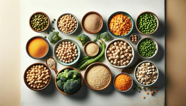 Foto diverse fonti di proteine vegane legumi noci e cereali