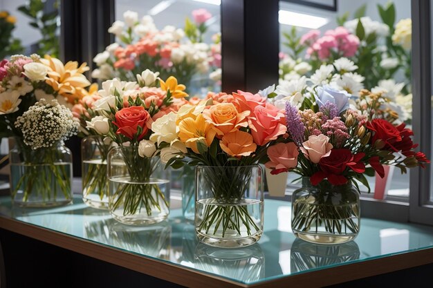 Diverse verse bloemen op glazen bureau in bloemenwinkel