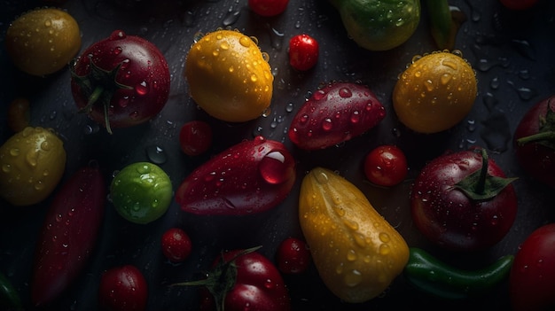 Diverse verse rauwe groenten met water spatten stromend water op een natte zwarte tafel uit moestuin met regendruppels generatieve AI