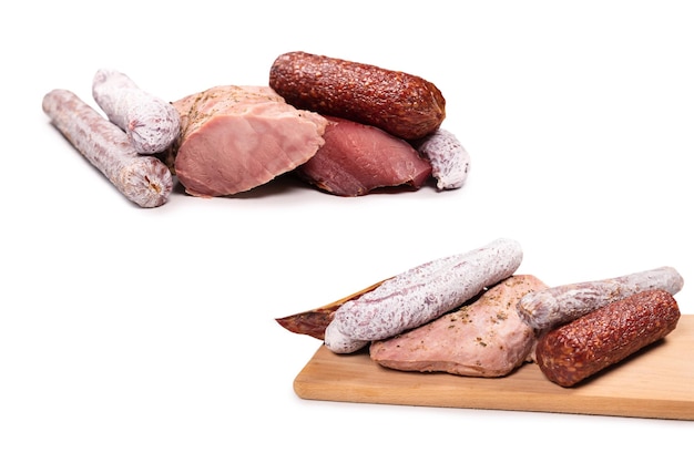 Diverse vlees gerookte vlees worst salami geïsoleerd op een witte