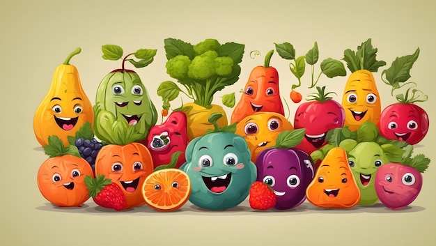 Foto diverse vrolijke groenten en fruit met ogen leuke grappige karakters