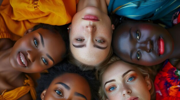 Foto diverse vrouwen liggen kop tegen kop vriendschap diversiteit feminisme vrouw empowerment concept