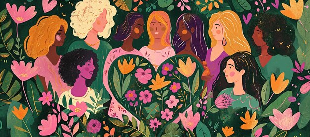 Diverse vrouwen omhelzen elkaar in een levendige tuin die eenheid en diversiteit over culturen heen symboliseert