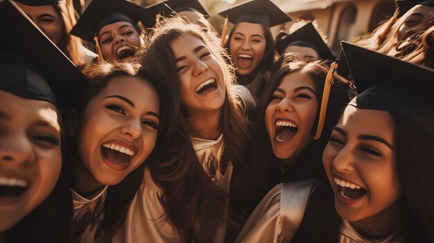 Diverse vrouwen verenigd door academische prestaties delen gelach en geluk in deze afstudeer selfie