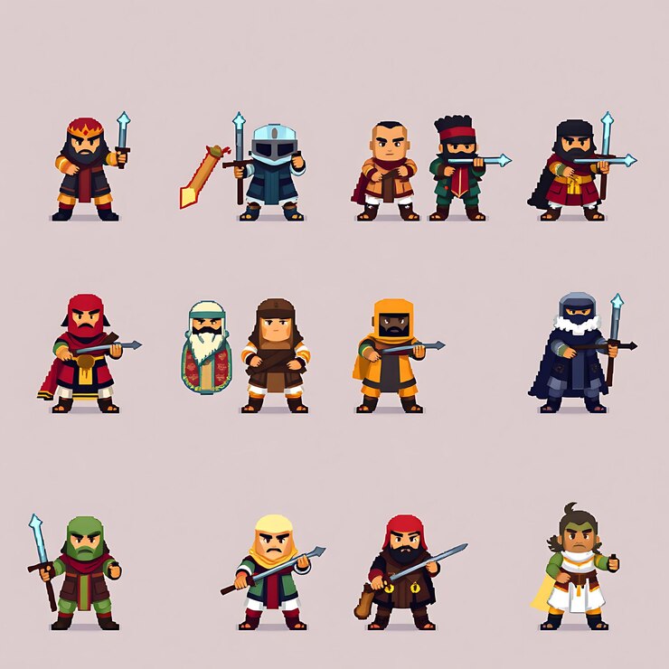 Photo diverse warrior in 4 bit pixel art grid simple 4 bit pixelated style with set of cute character
