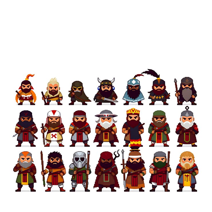 Photo diverse warrior in 4 bit pixel art grid simple 4 bit pixelated style with set of cute character