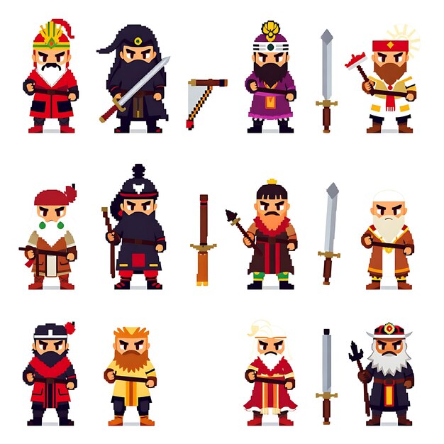 diverse warrior in 4 bit pixel art grid simple 4 bit pixelated style with set of cute character