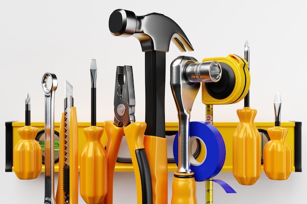 Diverse werkinstrumenten voor bouwreparatie Schroevendraaier niveau elektrische tape hamer mes schaar moersleutel etc 3D illustratie