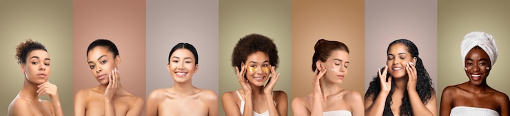 Photo diverse women applying beauty products during skincare routine
