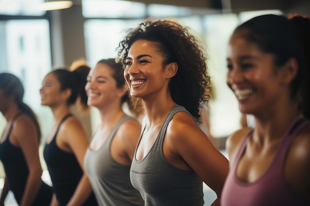 Diverse women warm up in fitness studio Generative AI