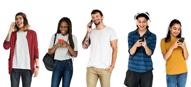 Photo diverse of young adult people using mobile devices studio isolated