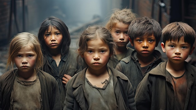 diverse young children in poor clothes povetry and child labor concept