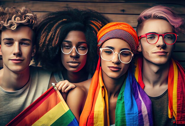 Diverse young friends celebrating gay pride festival LGBTQ community concept Generate Ai