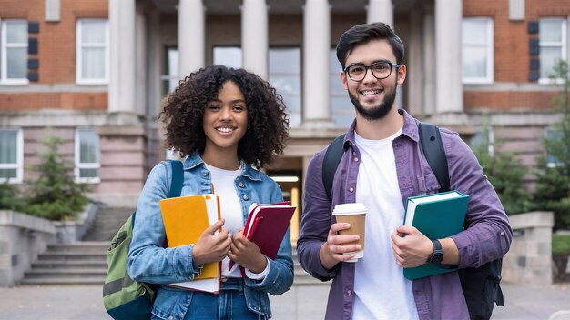 Diverse young male and female student holding books and takeaway coffee cup standing in front of bu