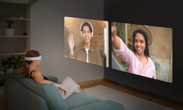 diverse young people communicating video calling via virtual reality collage