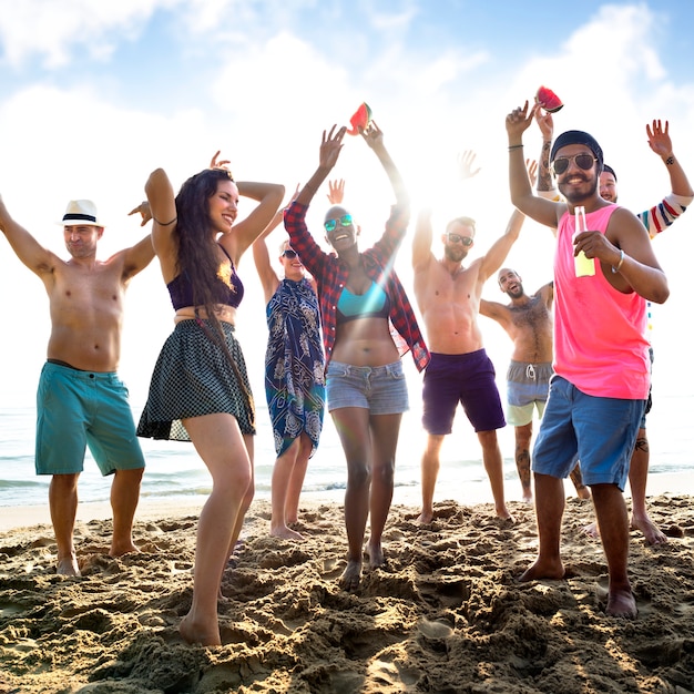 Photo diverse young people fun beach concept