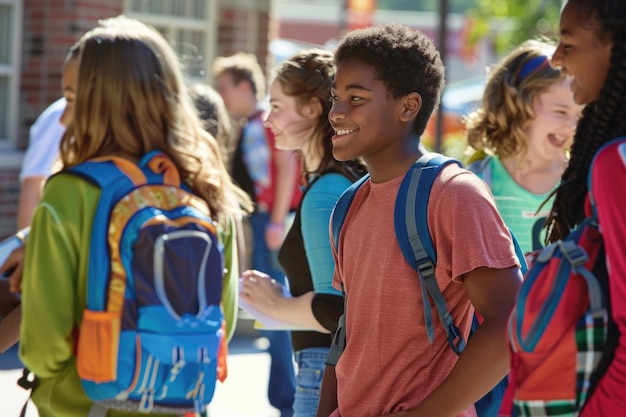 Photo diverse young students with colorful backpacks outside a school on a sunny day