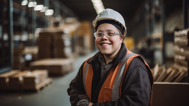 diversiteit en inclusie met een empowerment beeld van een jonge man met het syndroom van Down die in een industriële fabriek werkt