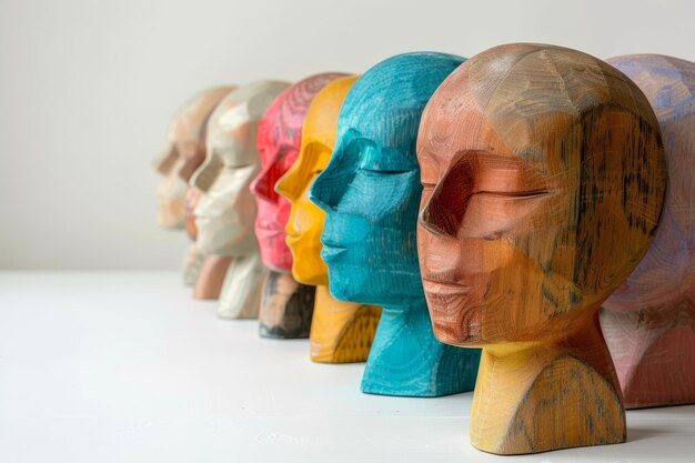Foto diversiteit en inclusie worden gesymboliseerd door een houten hoofd met verschillende kleuren