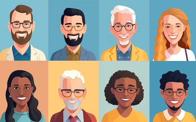 Diversiteit gelijkheid set portretten van gelukkige mensen van verschillend geslacht, leeftijd en nationaliteit Inclusief vlakke afbeelding