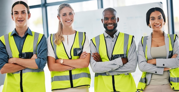 Diversiteit teamwork en trotse ingenieur of architect mensen in groepsteam of samenwerking portret voor onze visie vertrouwen en motivatie Bouwvakkers glimlachen samen voor een gelukkige baan of carrière