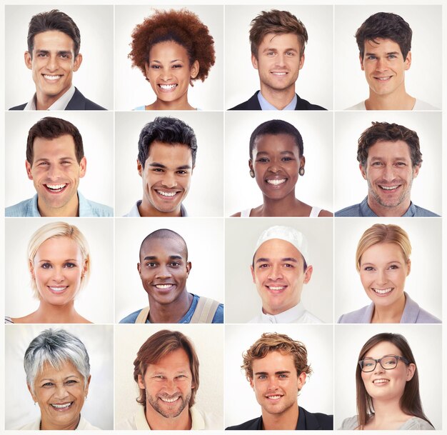 Diversiteitsgezicht en collageportret van gelukkige mensen in een gemeenschapsgroep of samenleving met carrièresucces Beroep headshot profielfoto of mozaïek van mannen of vrouwen geïsoleerd op witte achtergrond