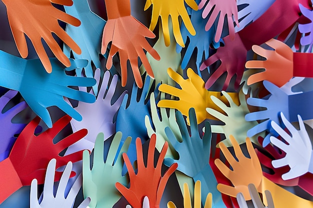 Diversity arrangement of different colored paper hands with copy space