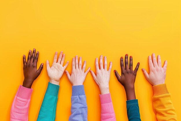 Diversity arrangement of different colored paper hands with copy space