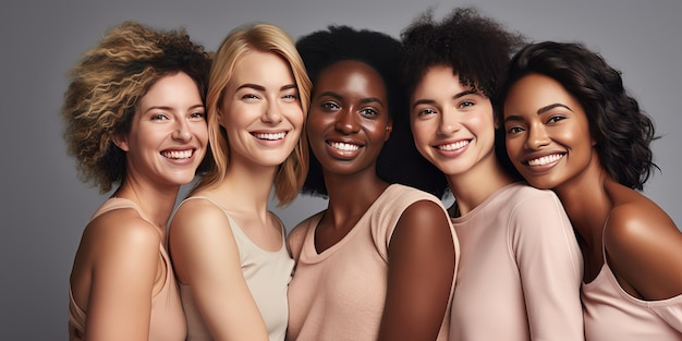 Foto diversità, bellezza e naturalezza con gli amici in studio su sfondo beige