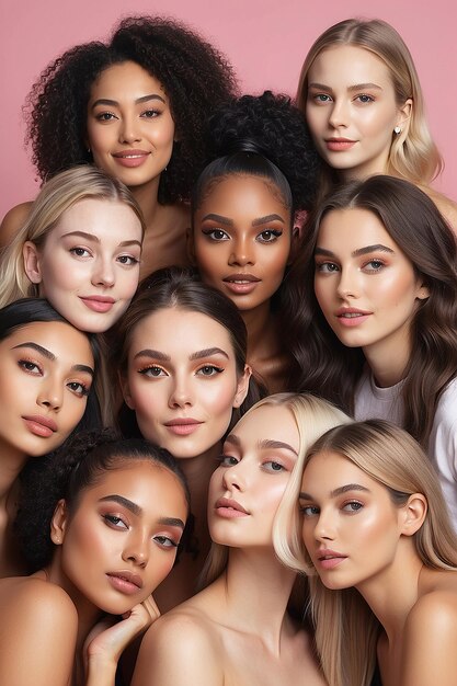 Diversity beauty and portrait of a group of women in studio for skincare makeup or cosmetic routine Feminism female empowerment and face of multicultural girl friends