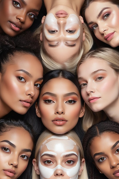 Diversity beauty and portrait of a group of women in studio for skincare makeup or cosmetic routine Feminism female empowerment and face of multicultural girl friends