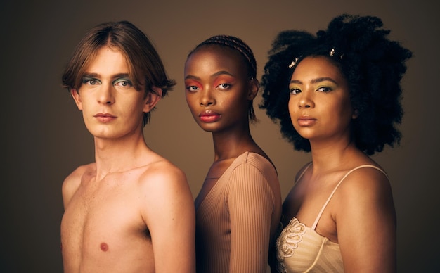 Photo diversity beauty and skin portrait and people dermatology and inclusion isolated on studio background gen z young women and man with face equality and cosmetics with skincare and wellness