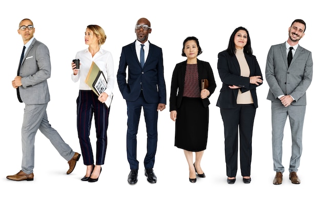 Photo diversity business people set gesture standing together studio isolated