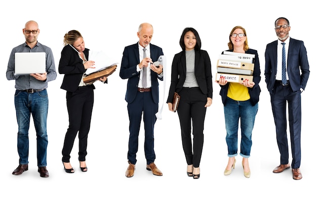 Photo diversity business people set gesture standing together studio isolated