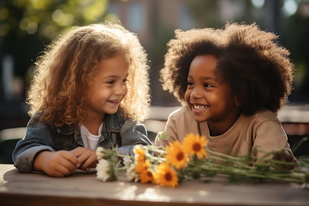 A diversity children are sitting and playing with flowers in park