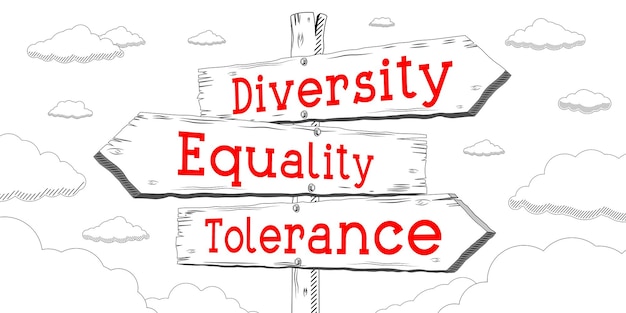 Diversity equality tolerance outline signpost with three arrows