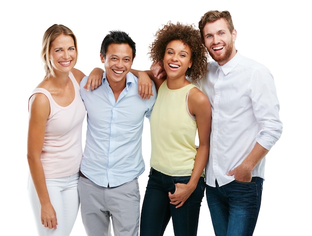 Photo diversity people and friends laughing while standing together in friendship against a white studio background portrait of isolated diverse group smiling in unity for community on white background