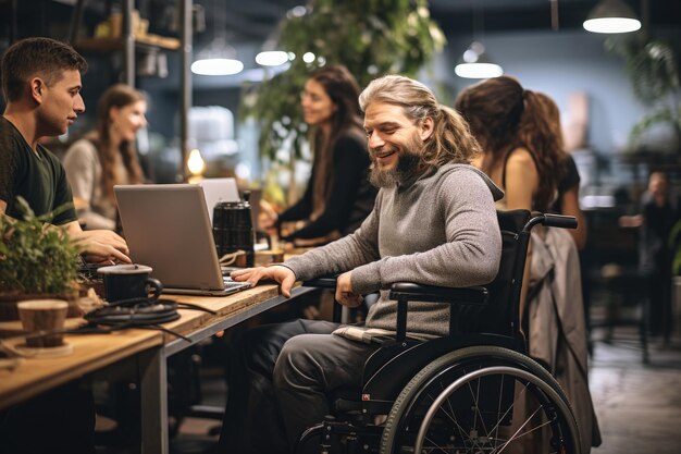 사무실에서 동료와 함께 일하는 휠체어를 탄 다양성 사람 Generative AI