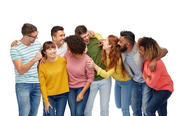 diversity, race, ethnicity and people concept - international group of happy men and women laughing over white