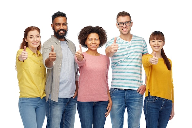 diversity, race, ethnicity and people concept - international group of happy smiling men and women showing thumbs up over white
