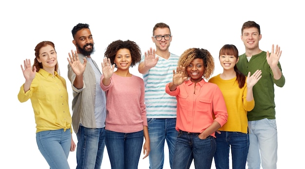 diversity, race, ethnicity and people concept - international group of happy smiling men and women waving hand over white