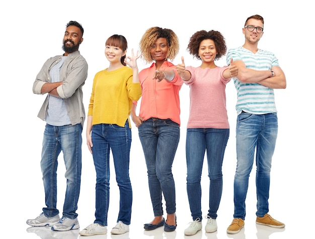 diversity, race, ethnicity and people concept - international group of happy smiling men and women over white background