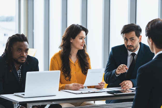 Photo diversity recruiters interview candidate at the bright office intellectual