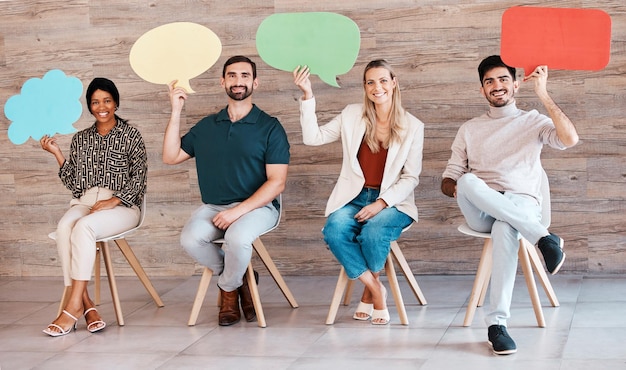 Diversity recruitment and speech bubbles for social media marketing idea of people in waiting room for interview meeting and collaboration Creative design company business staff and hiring mockup