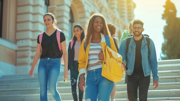 Diversity students and walking on university steps school stairs or college campus Generative AI