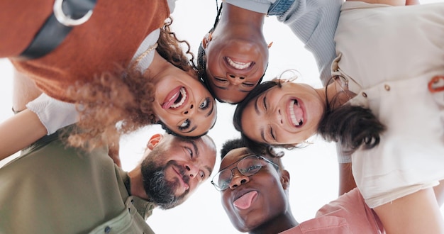 diversity teamwork and comic with business people from bottom for community funny and support target happy and solidarity with employee and funny face for collaboration success and achievement
