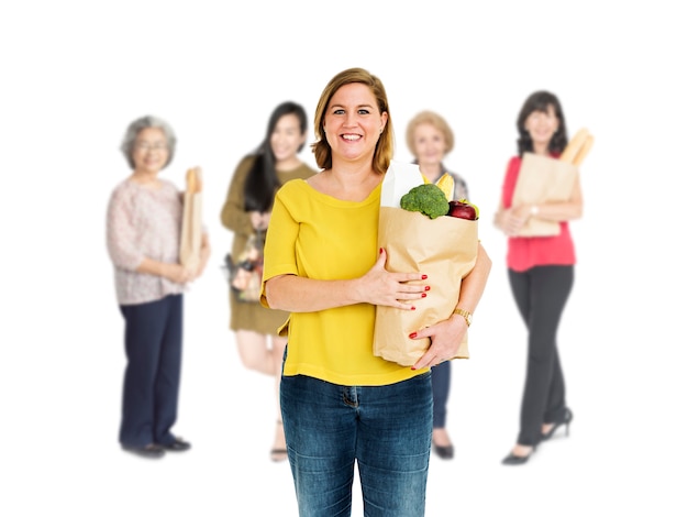 Diversity Women Buy Food Supermarket Studio Isolated