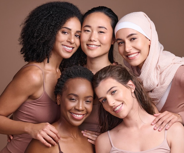 Diversity women and group portrait with beauty skincare and different empowerment and inclusion Equality community and global with happy young model natural and wellness with studio background